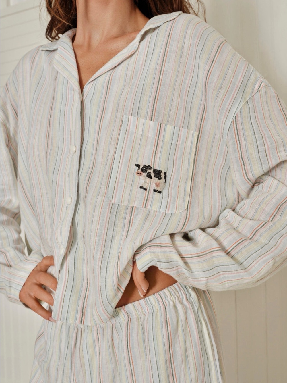 Dairy Boy Sold out Striped Pastel Cotton Pajama Set with Embroidered Pocket